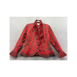 Isadora Collection Blouse Sz S Red Tartan Plaid Ruffle Jacket Pleated Bell Cuff